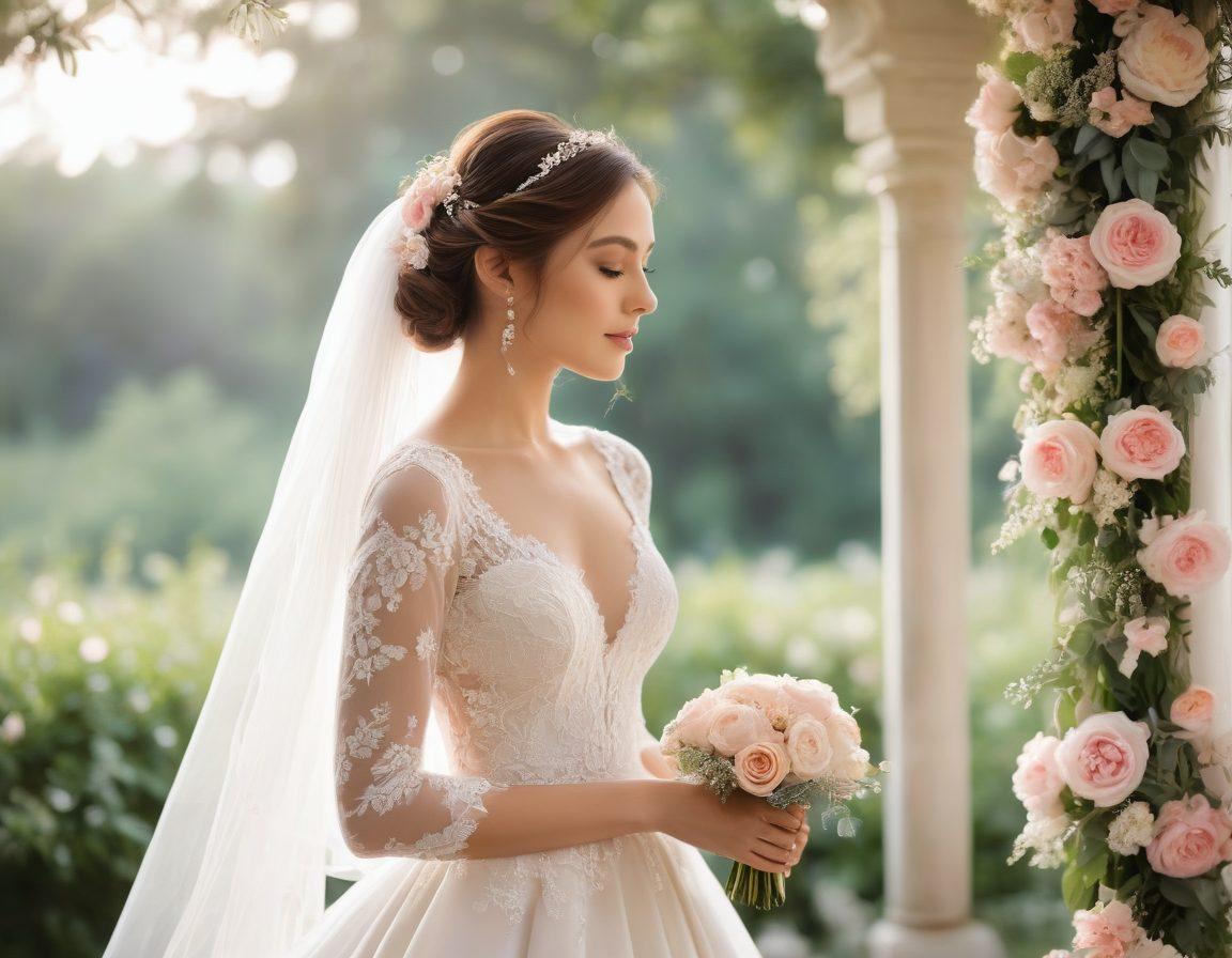 A beautifully arranged wedding scene featuring a dreamy outdoor ceremony with floral decorations, a stunning bridal gown flowing in the breeze, and gentle pastel colors illuminating the sky. Include soft lighting effects and delicate details like lace and sparkling rings to evoke romance and elegance. super-realistic. pastel colors. soft focus.