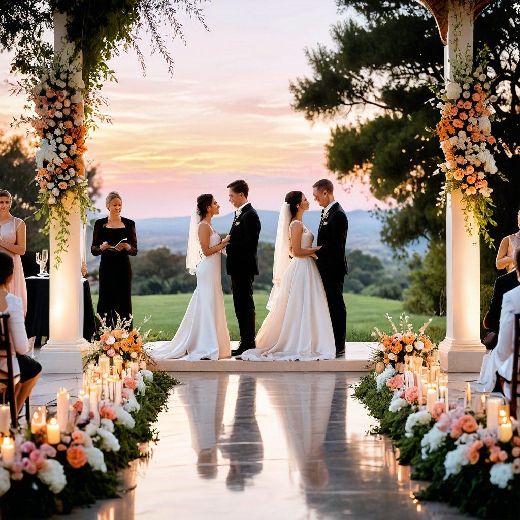 A beautifully decorated wedding venue featuring elegant floral arrangements, a romantic altar with soft lighting, and a happy couple exchanging vows. Include guests joyfully clapping in the background, while a picturesque sunset casts a warm glow over the scene. Capture the essence of love and celebration in a heartfelt atmosphere. super-realistic. vibrant colors. soft focus.