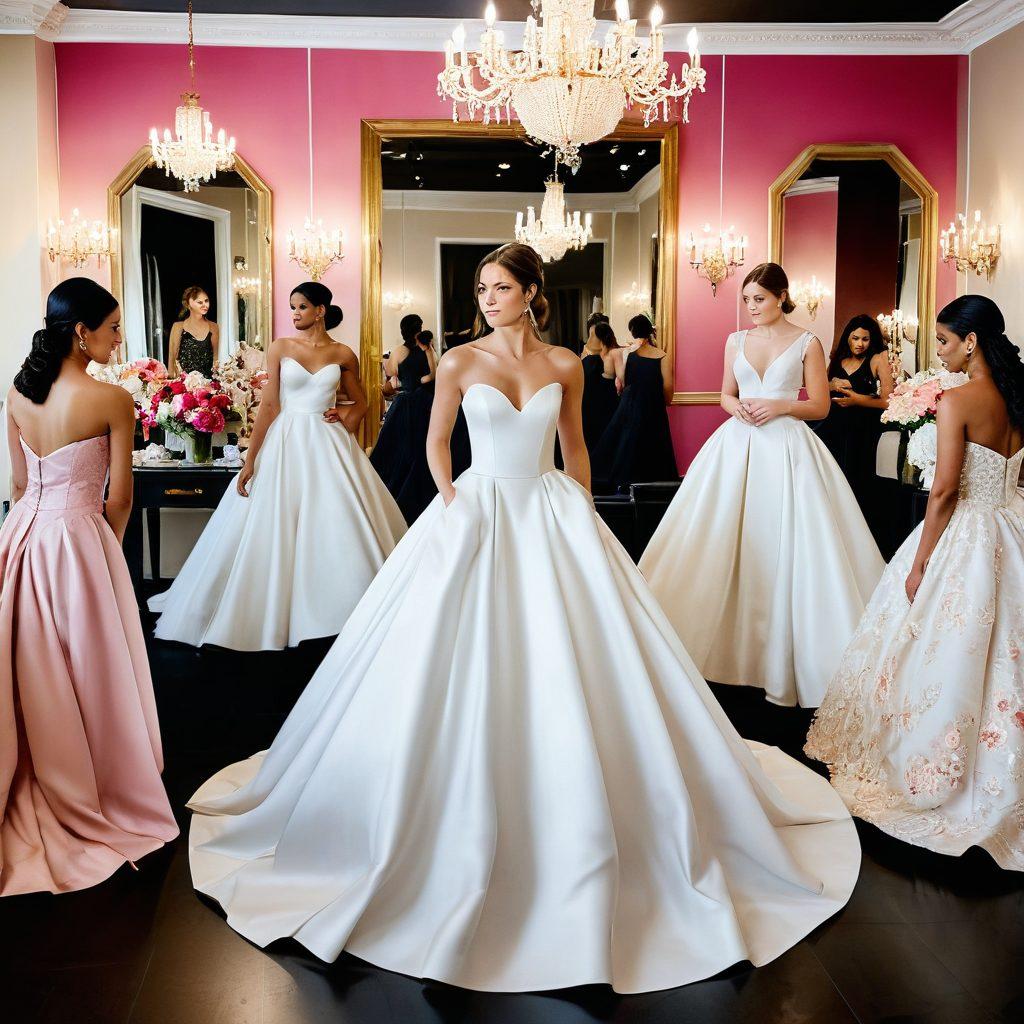 A stunning bridal workshop scene featuring a diverse group of brides trying on luxurious wedding gowns, each with unique styles reflecting contemporary and traditional trends. The room is adorned with elegant floral arrangements, soft lighting, and vintage mirrors, creating an ambiance of joy and creativity. Include fashion sketches on the walls and swatches of fabric to emphasize the theme of fashion exploration. super-realistic. vibrant colors. elegant atmosphere.